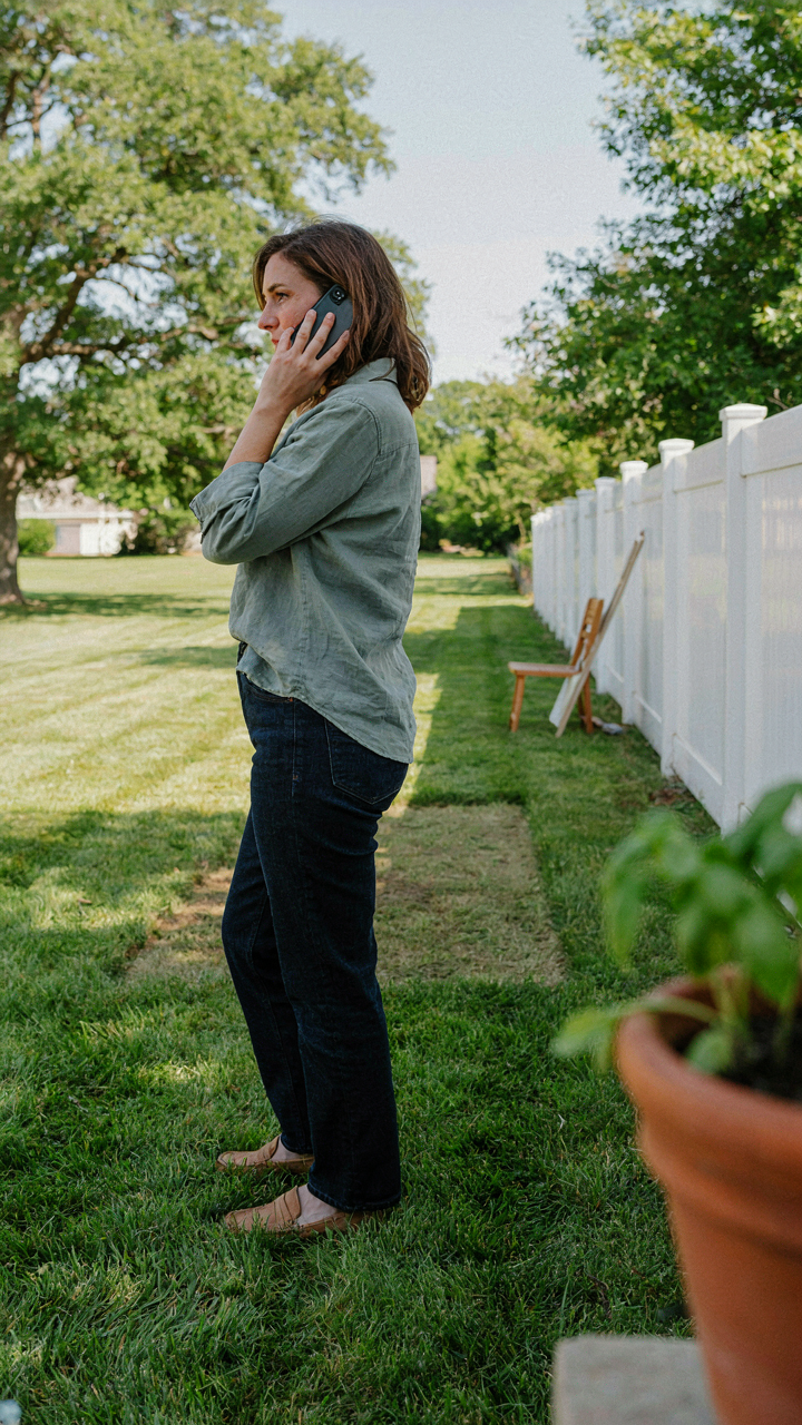 A person confidently stands in a backyard, talking on the phone, looking at an adu site.