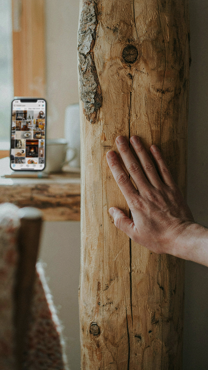 A hand touches a real wood beam, contrasting with a blurred Pinterest board.