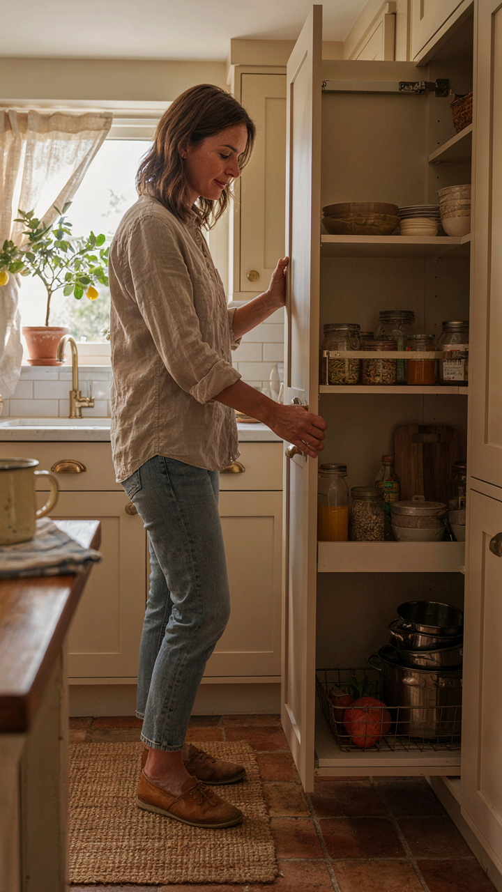 A person opening a deep, functional kitchen cabinet in a beach bungalow.