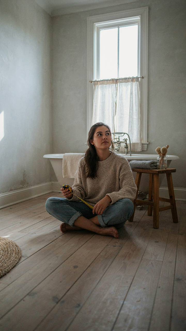 A person sits on the floor of an empty bathroom, measuring the space.