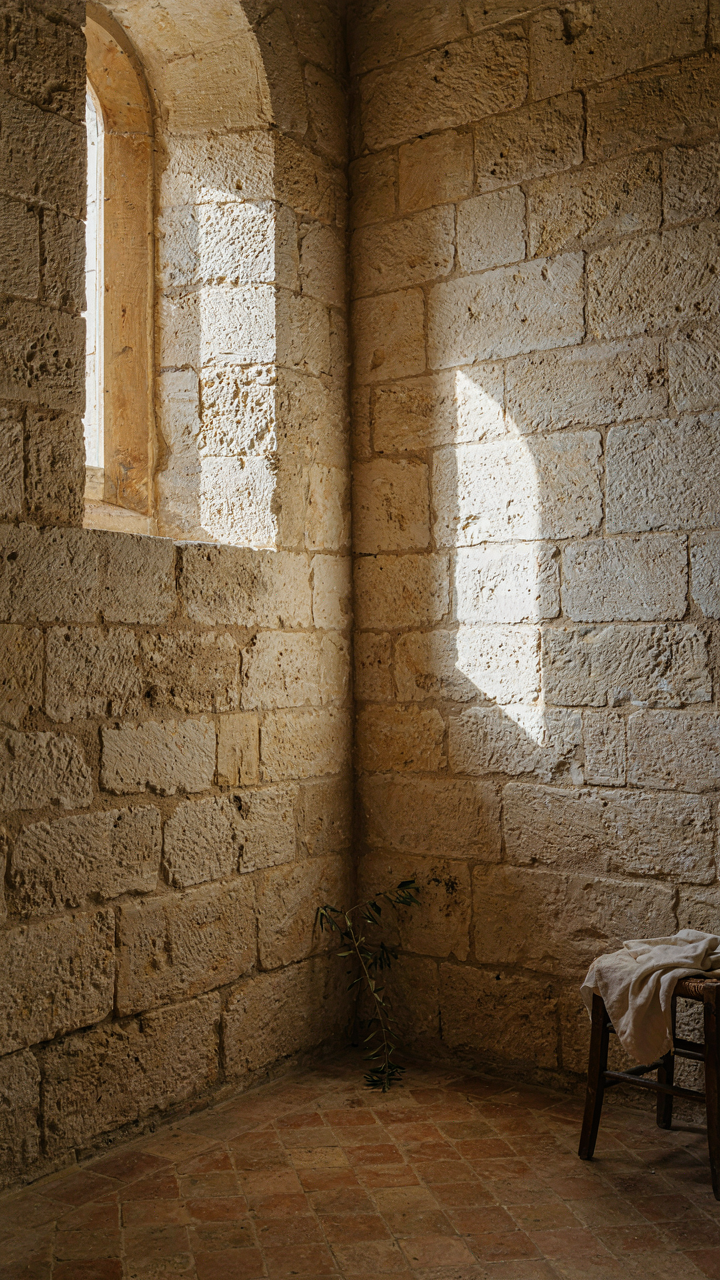 A corner of a Tuscan farmhouse showing massive, heavy stone wall blocks.