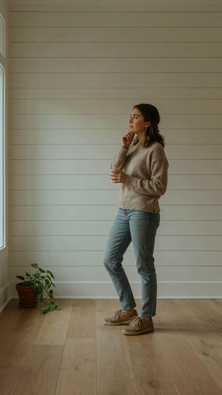 A person stands thoughtfully in a room with one farmhouse shiplap wall.