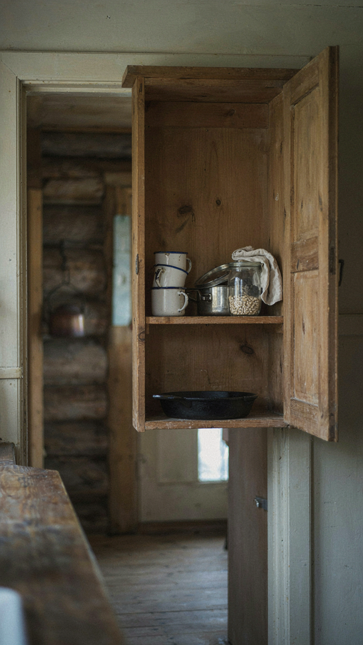 An open cabinet in a small cabin kitchen with only essential items.