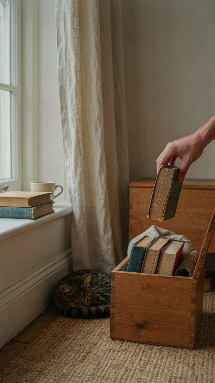 A hand puts a book into a donation box in a bright tiny cottage bedroom.
