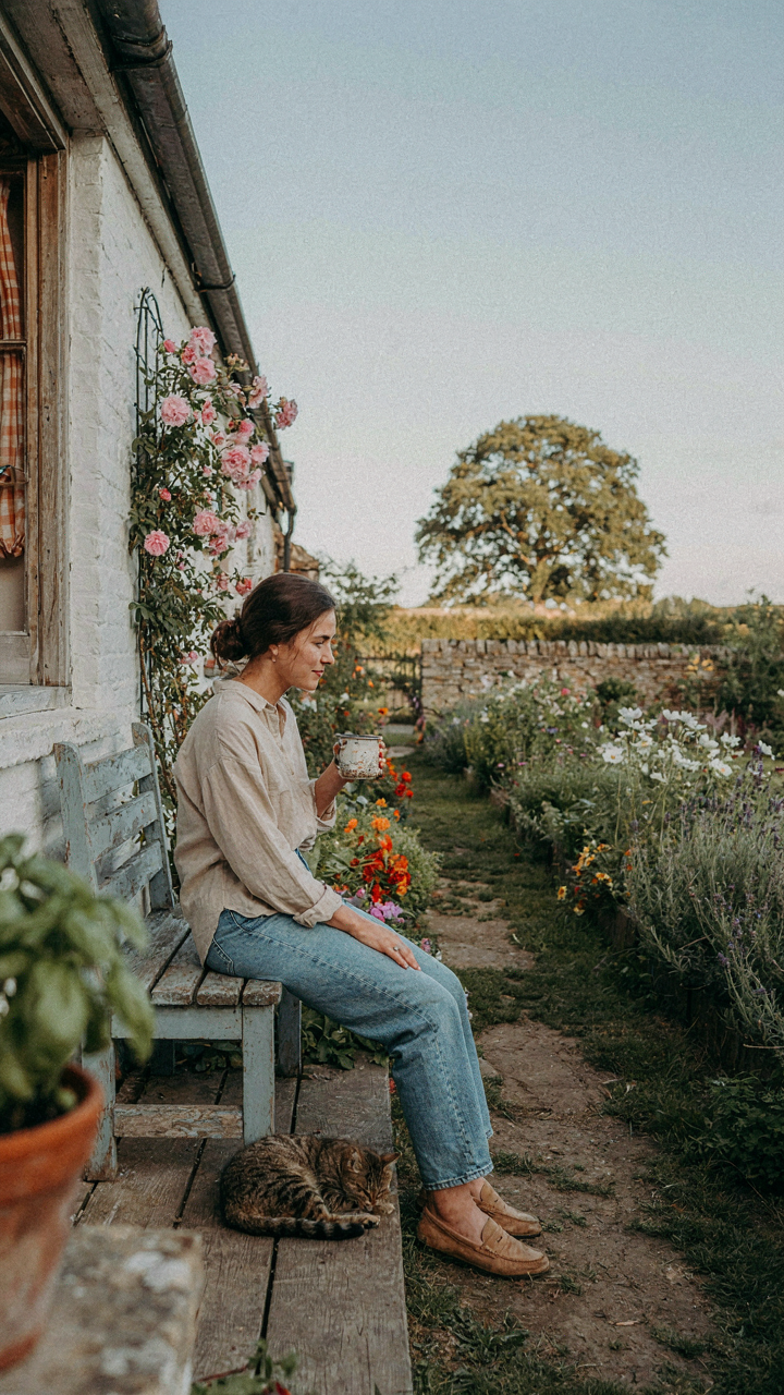 A person sits peacefully on a tiny cottage porch, looking at a garden.