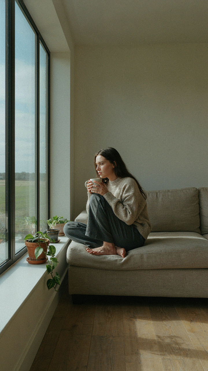 A person sits thoughtfully in a simple living room, holding a ceramic mug.