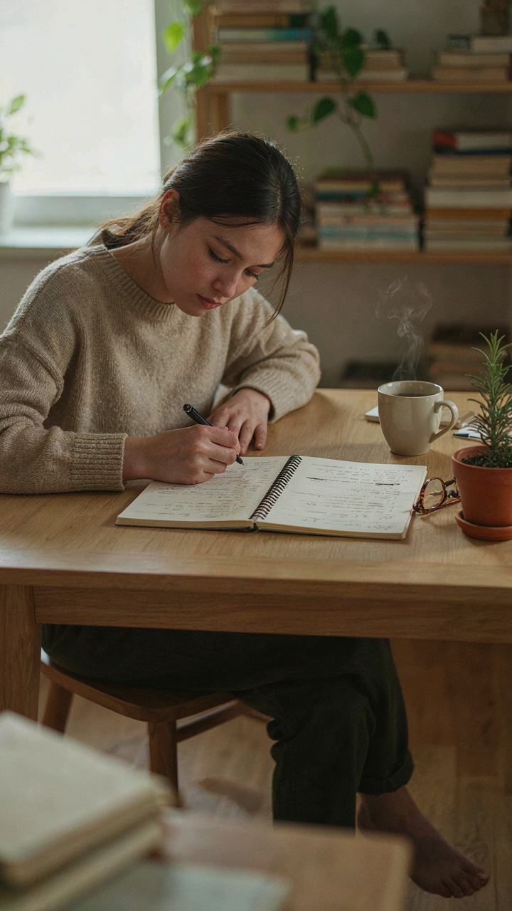 A person writes a personal list of daily routines at a desk.