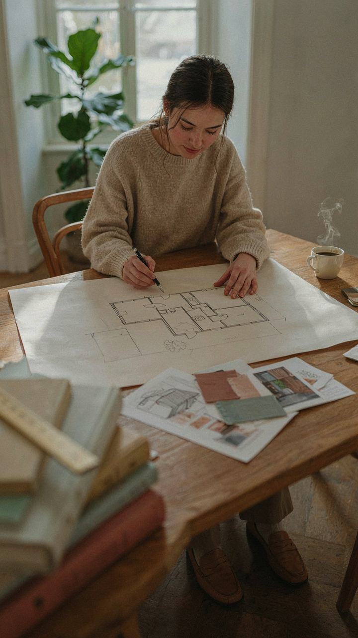 A person sketching a custom floor plan for a two bedroom cottage.