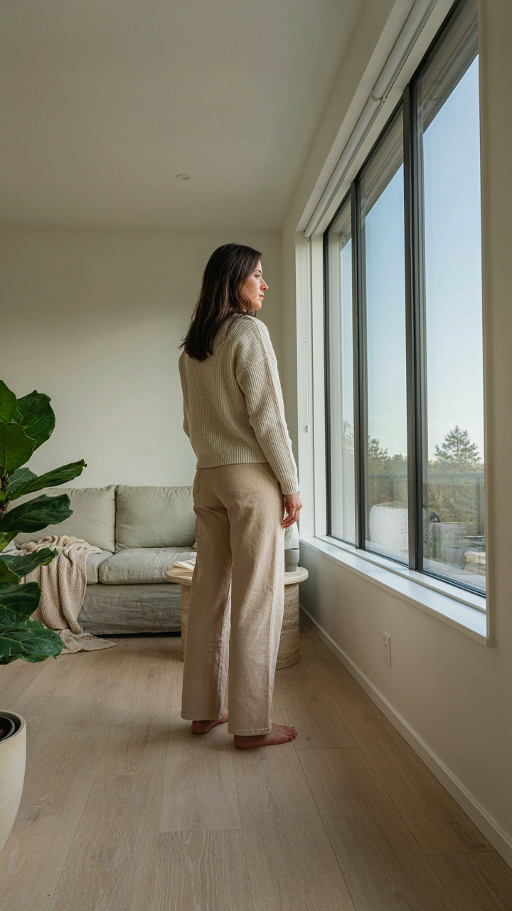 A person stands in a bright, open Scandinavian bungalow looking out a window.