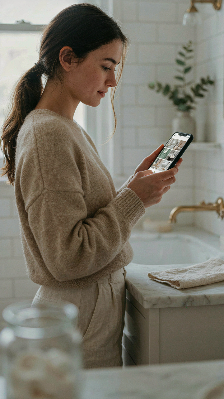 A person deleting multiple bathroom photos from a smartphone screen.