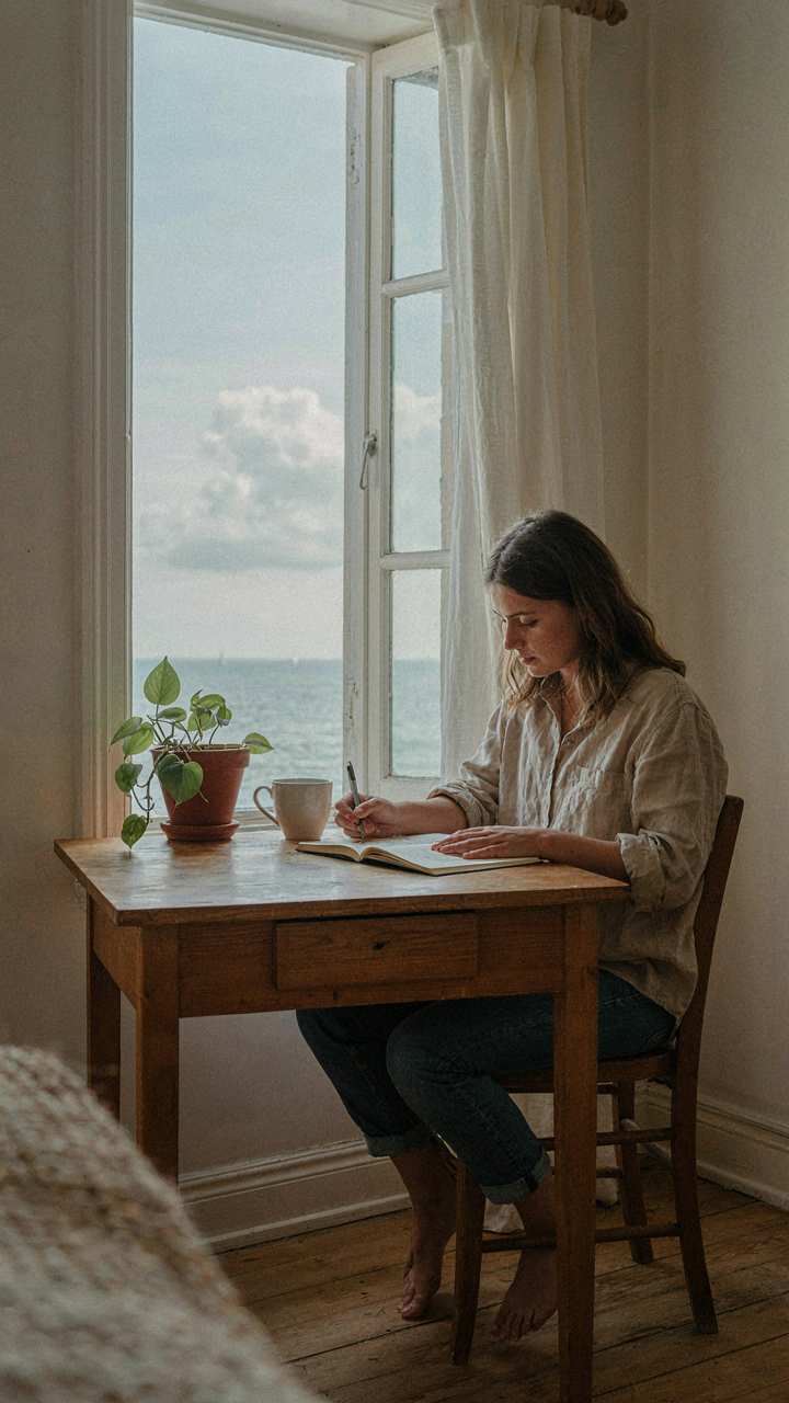 A person writes in a journal at a simple desk with a coastal view.