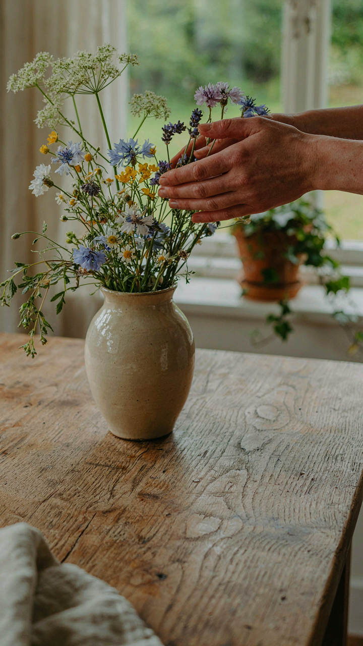 Hands gently arranging wildflowers in a vase on a worn wooden table.