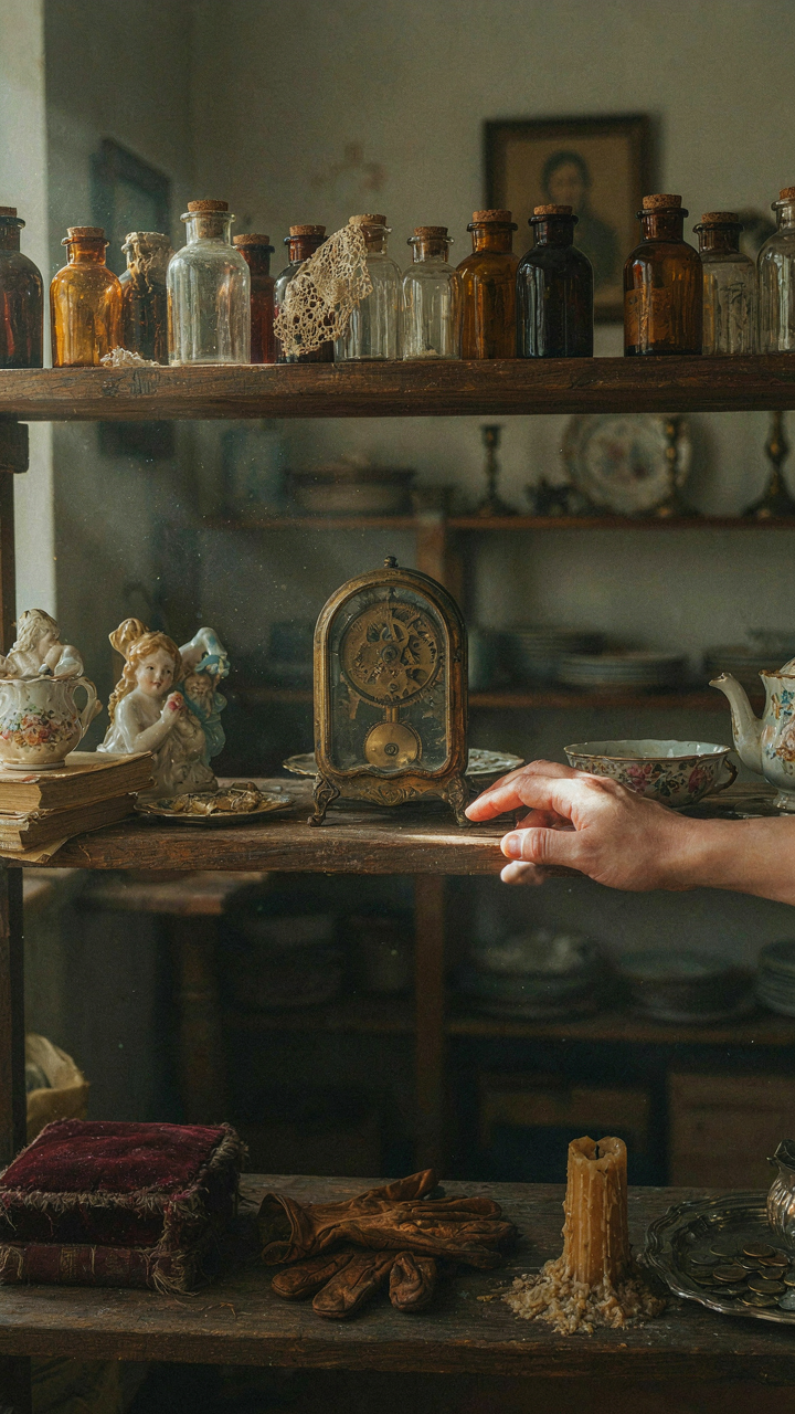 A hand reaching for an antique object in a dusty thrift store.