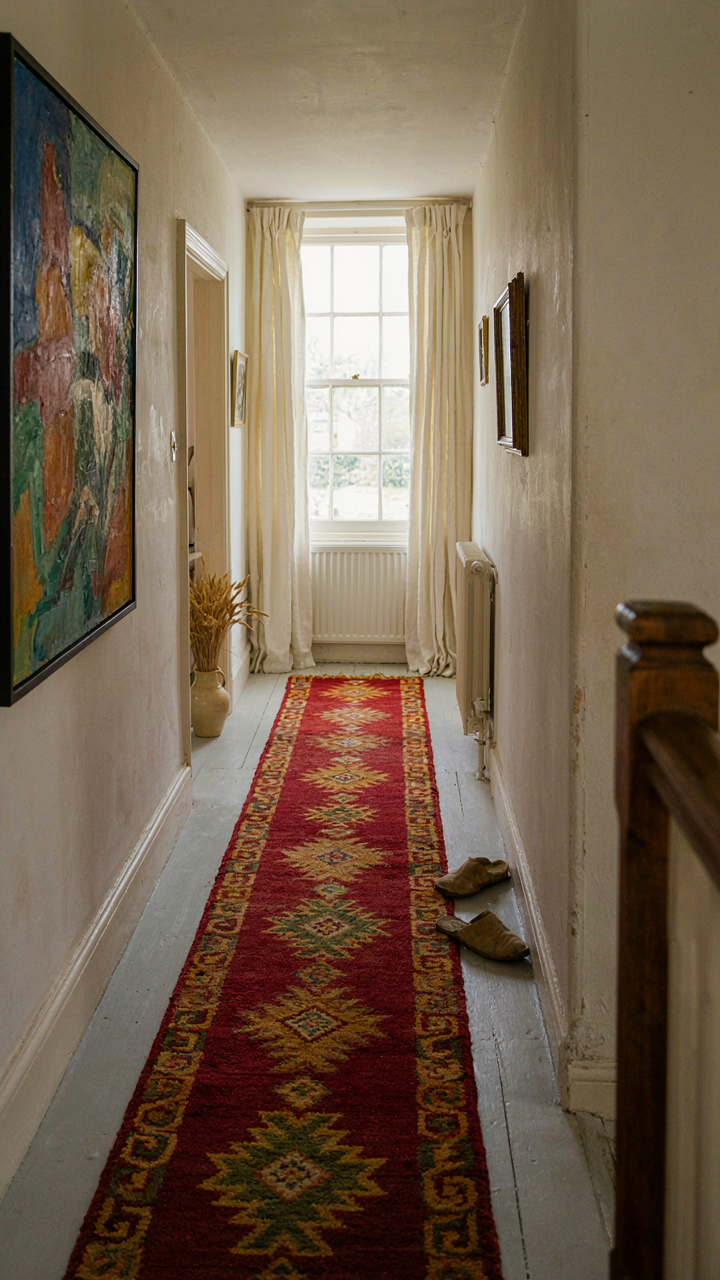 A charming cottage hallway with a bold patterned rug and colorful art.