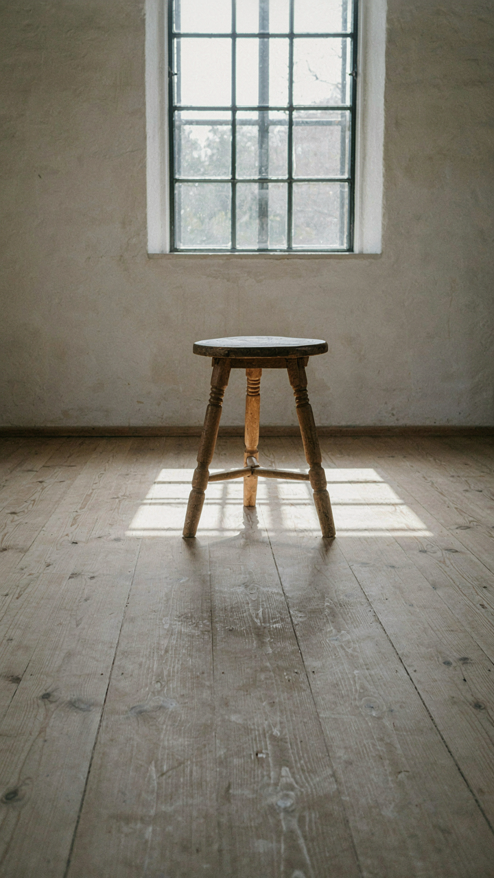 Single antique wooden stool in an empty, sunlit room of a scandinavian barn house.