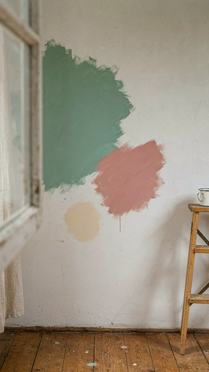 Three different paint samples roughly painted on a plain farmhouse wall.