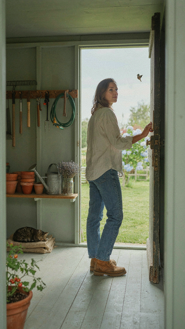 A person stands contemplatively inside a clean, organized garden shed looking out.