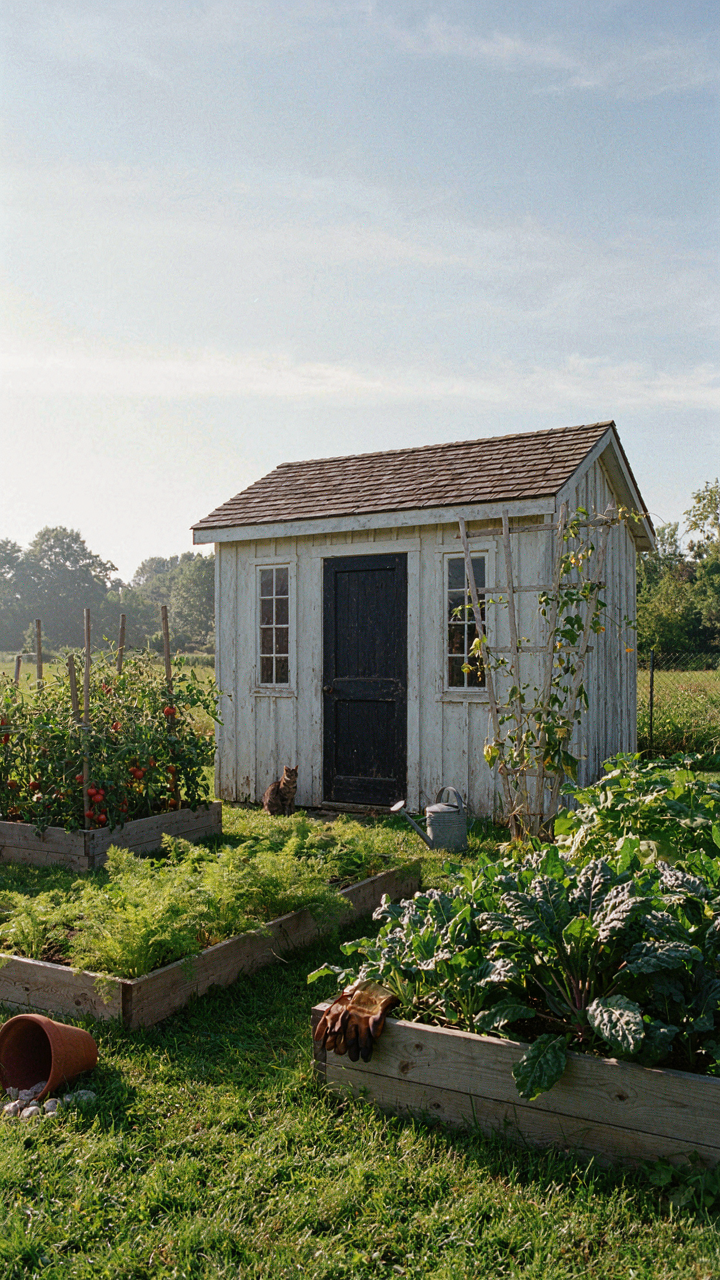 A simple garden shed sits next to a functional and well-maintained vegetable garden.