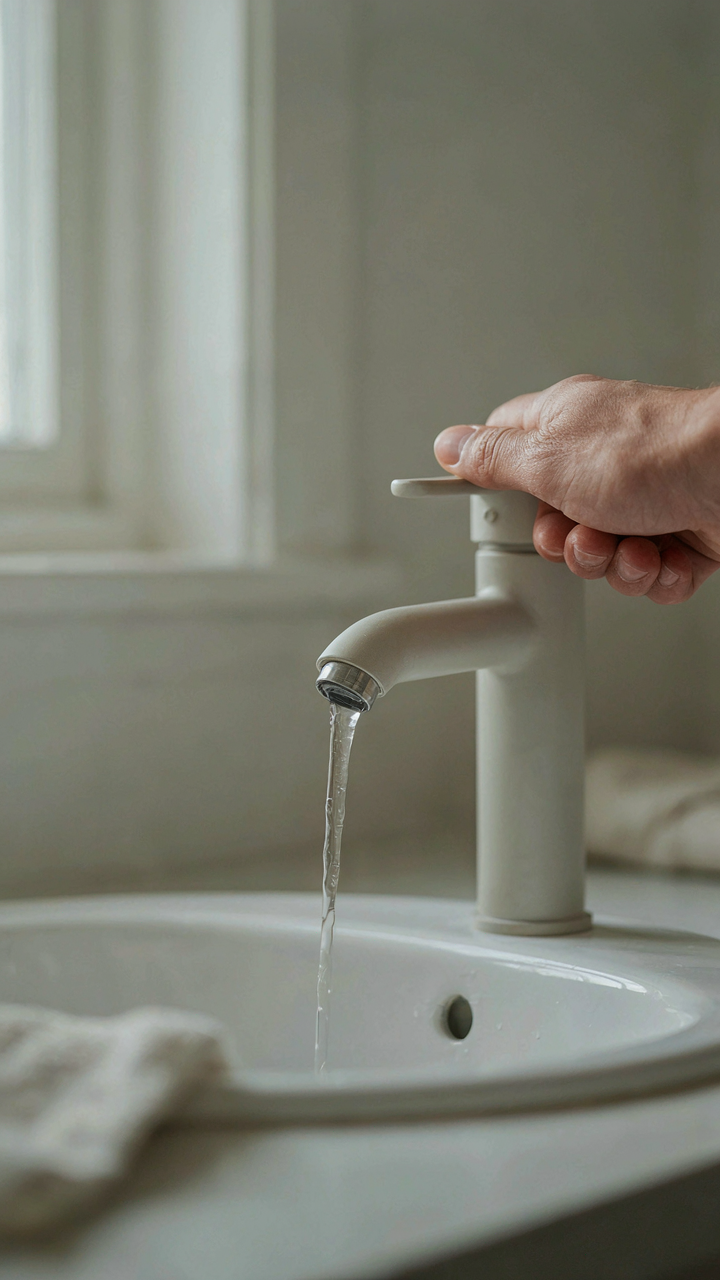 A hand turning on a sleek modern faucet over a ceramic sink.