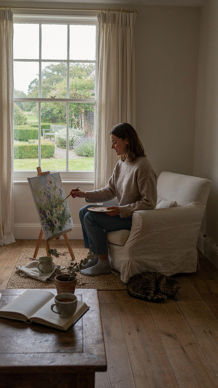 Person enjoying a hobby in a cozy living room of a cottage bungalow.
