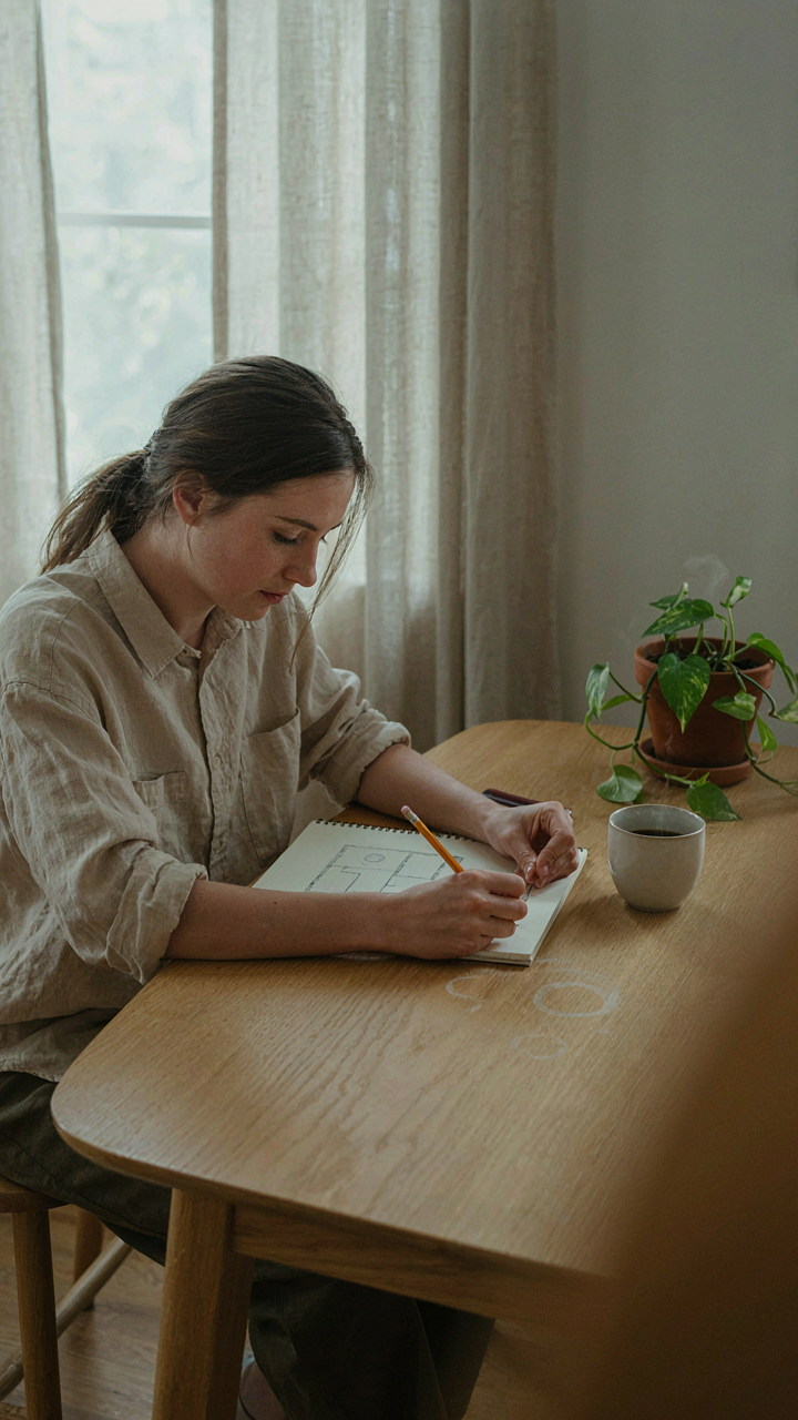 A person sketches a clear, simple floor plan for a small cabin.