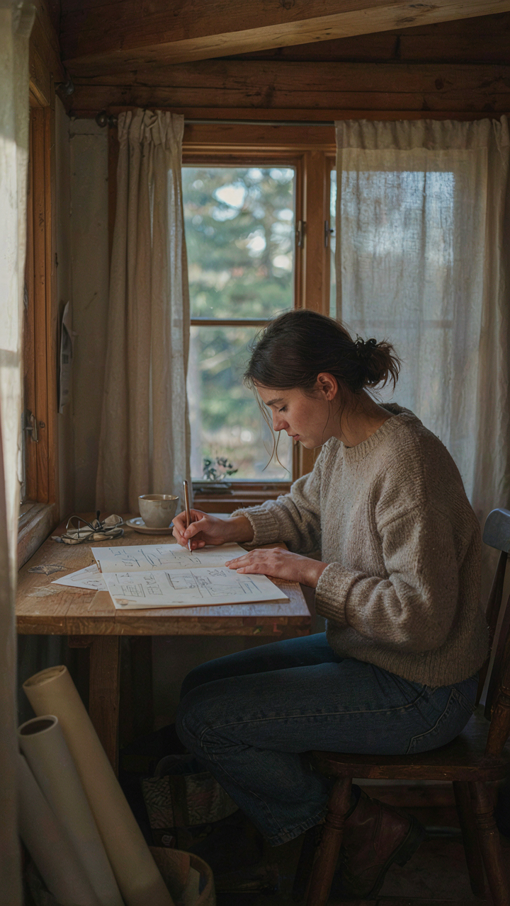 A person sketches design ideas at a simple desk in a cabin loft.