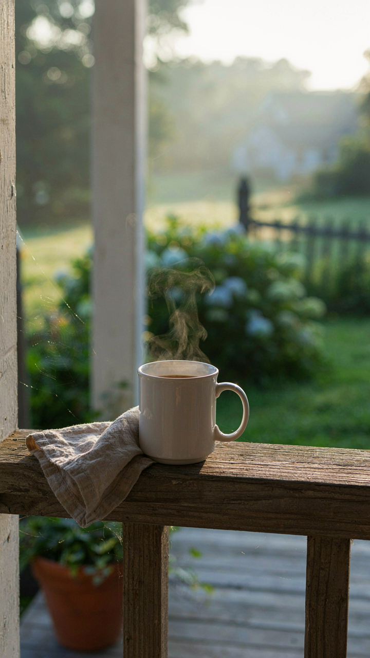 A coffee mug sits on a rustic porch railing in soft morning light.