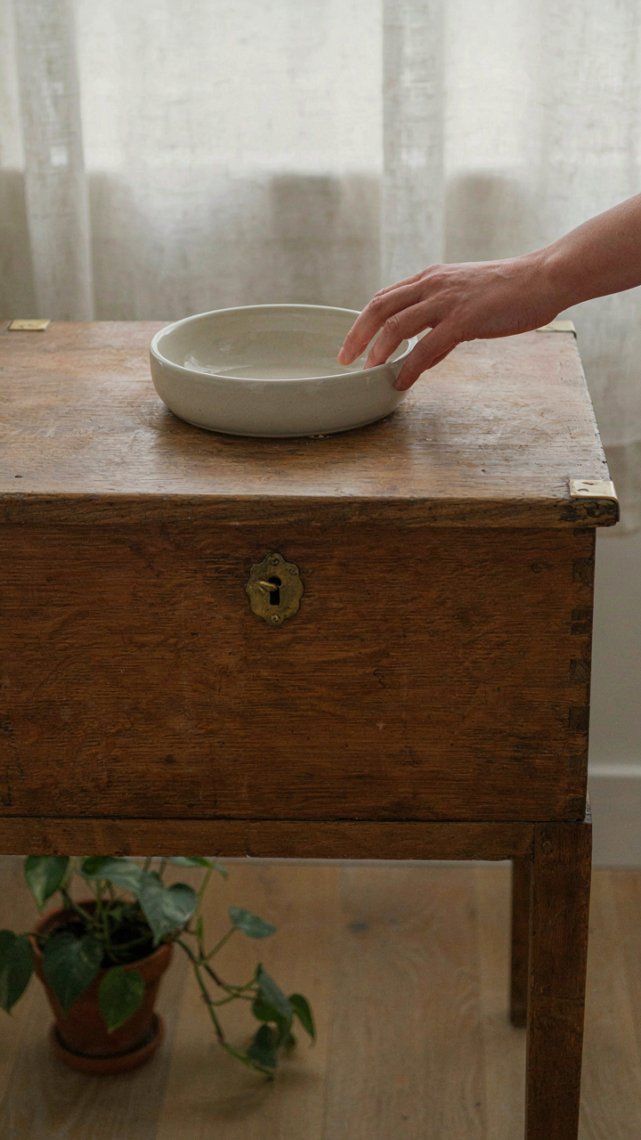 A hand gently touches an antique wooden chest repurposed as a unique bathroom vanity.