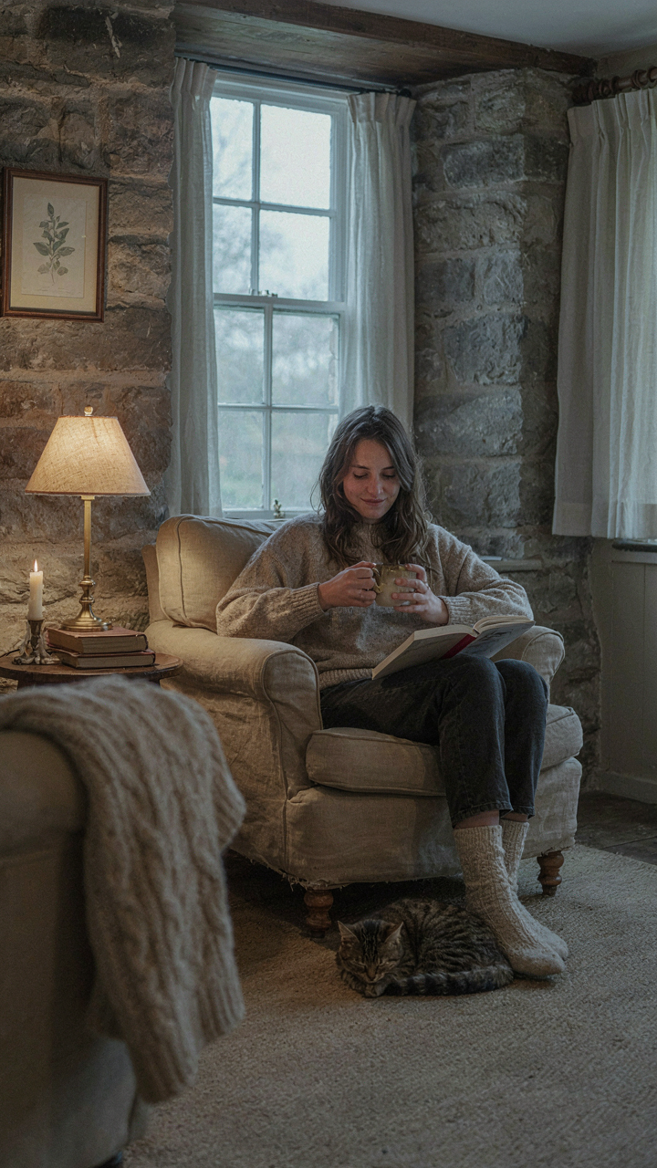 A person sits peacefully in a well-lit corner of a cottage room, claimed by a warm lamp.