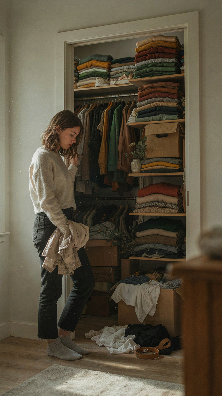 An overflowing closet with clothes and boxes spilling out, showing forced minimalism.