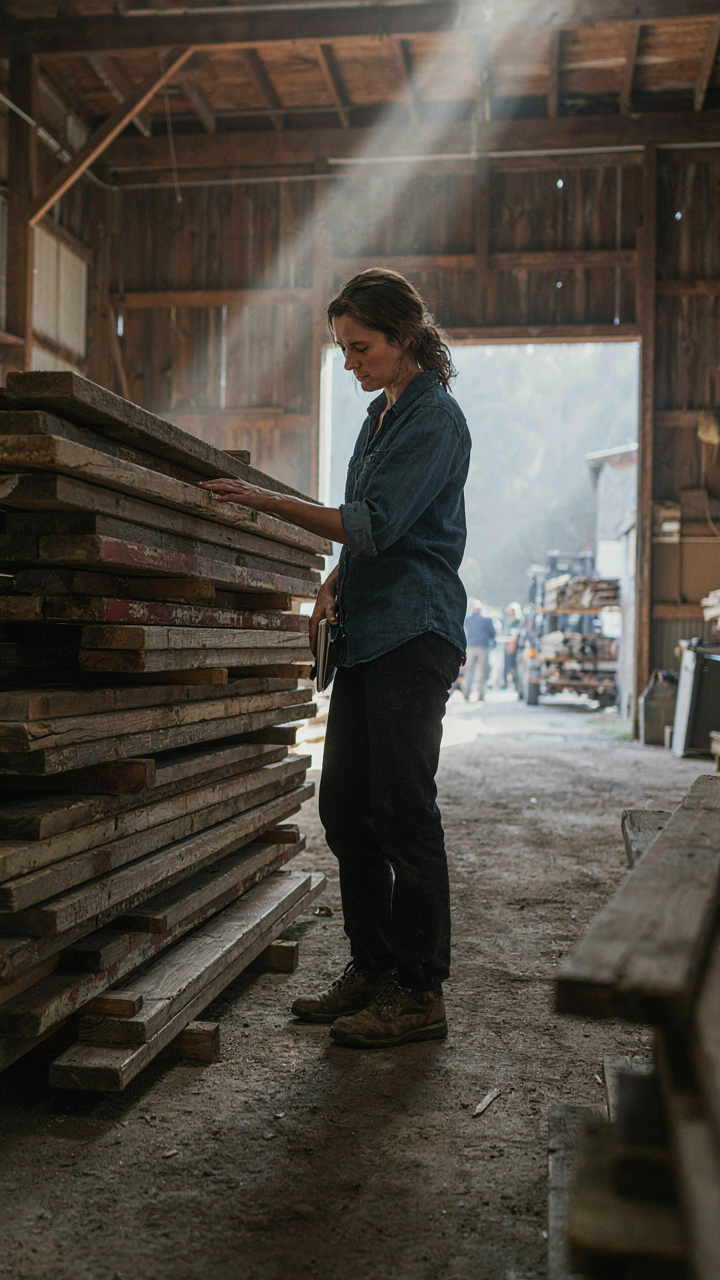 A person inspects old barn wood planks in a dusty salvage yard.