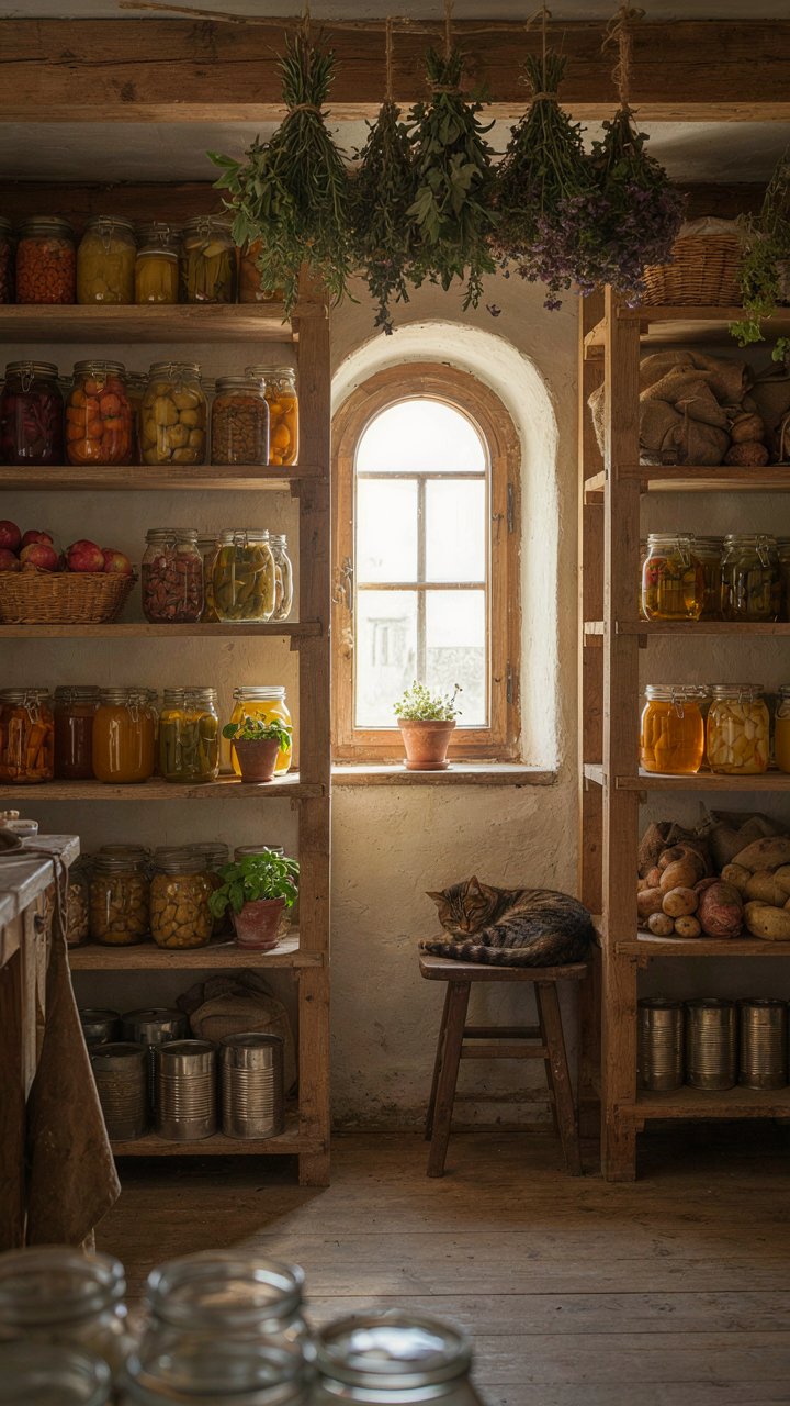 A thriving indoor greenhouse with shelves of produce and hanging dried plants.