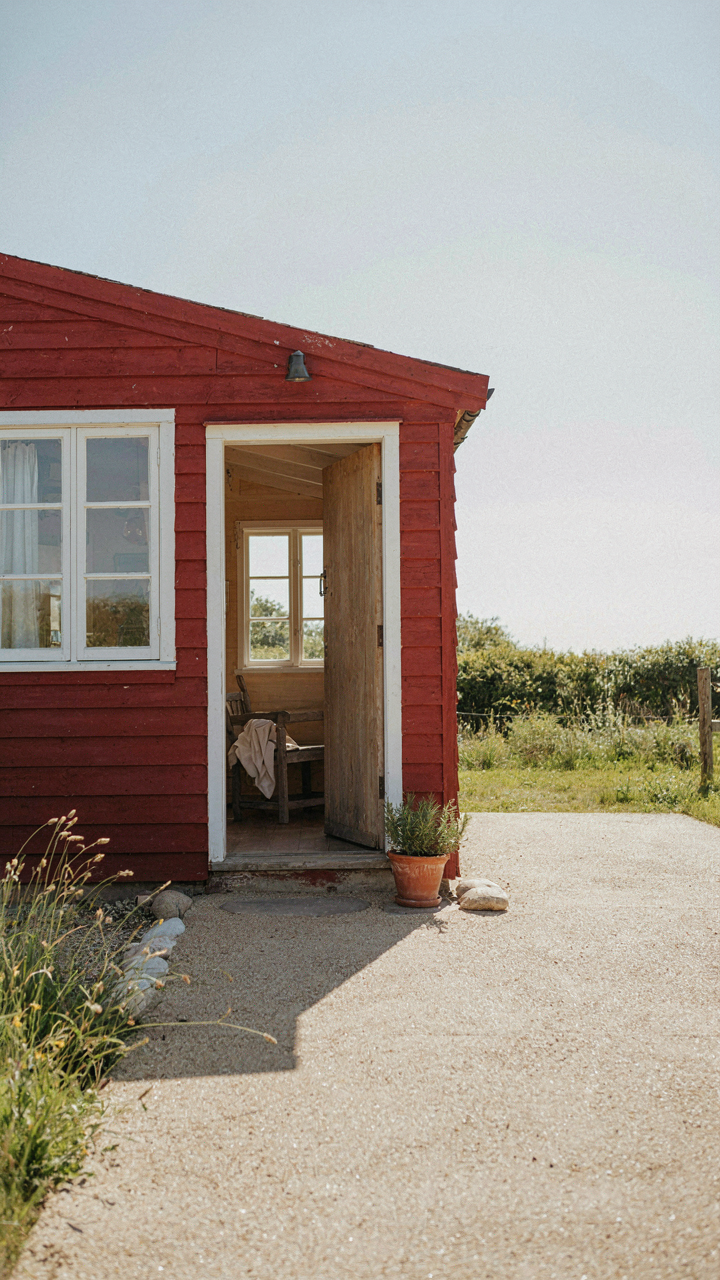 A red cottage with a patio of pale gravel reflecting sunlight indoors.
