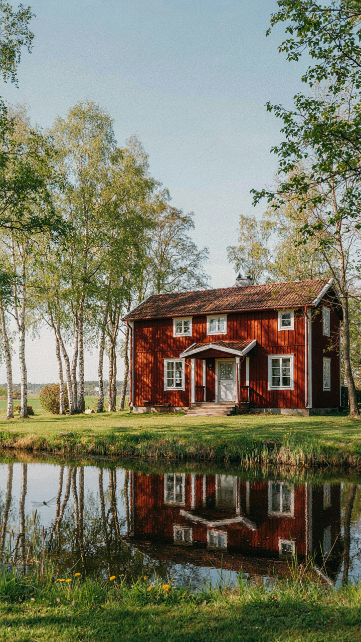 A still pond reflecting sunlight onto a red swedish summer house.