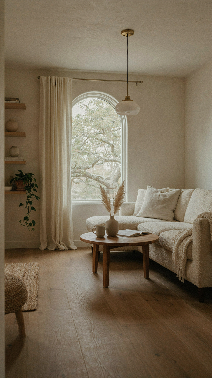 An uncluttered living room in a California bungalow with simple wood trim and built-in shelves.