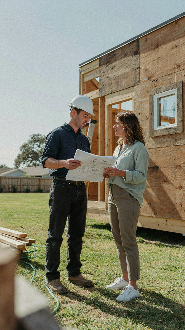 A building inspector talks with a homeowner in front of a partially built tiny home.