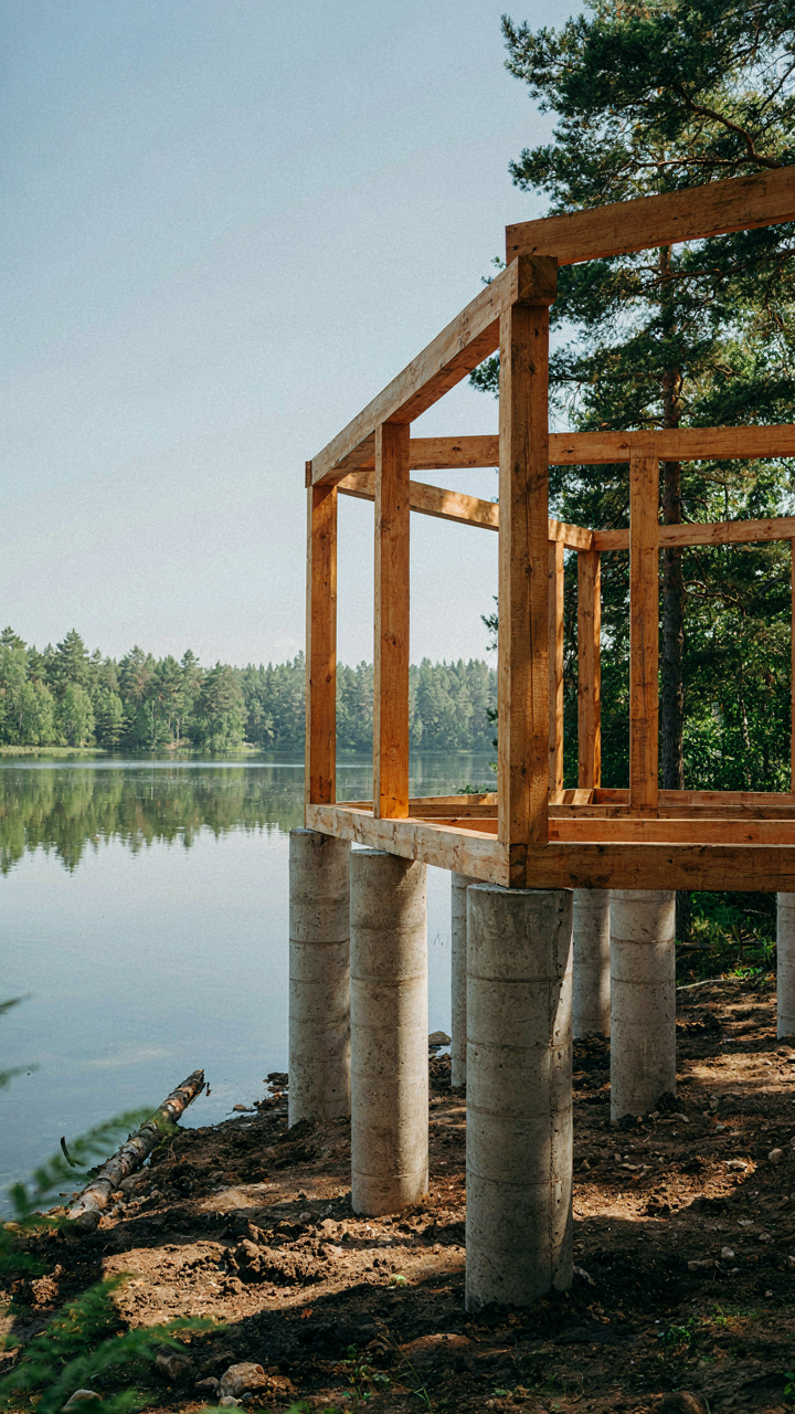 Lake cabin foundation with concrete piers extending below the frost line.