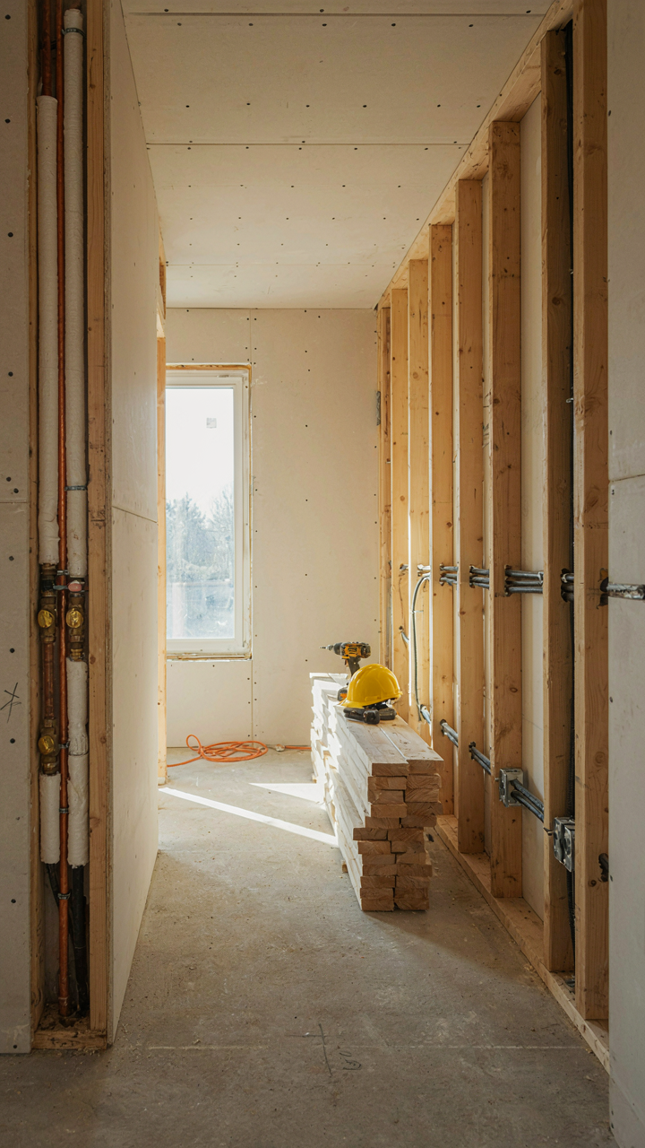 Exposed, independently routed plumbing and electrical lines inside a cottage under construction.