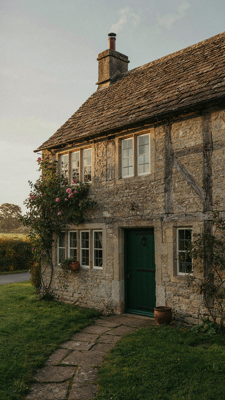 The south side of a cozy cottage shows large windows and a wood stove chimney.