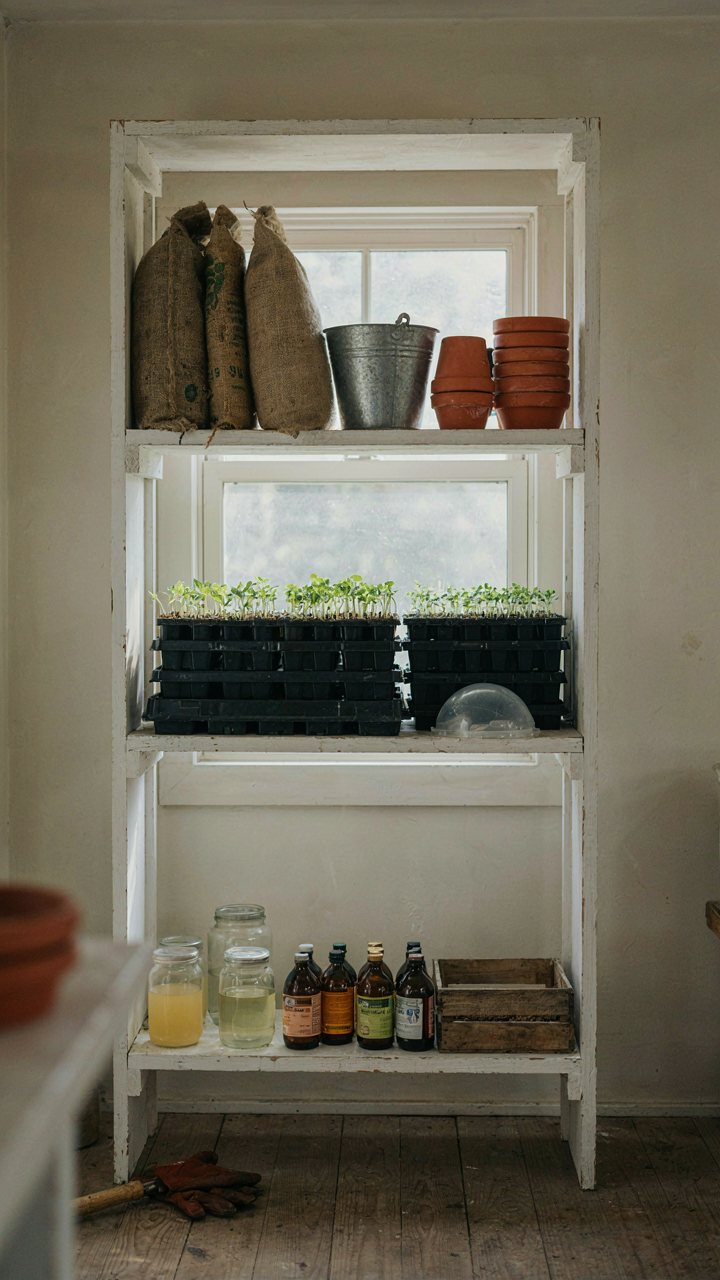 Clearly separated zones for different gardening supplies on shelves in a potting shed.