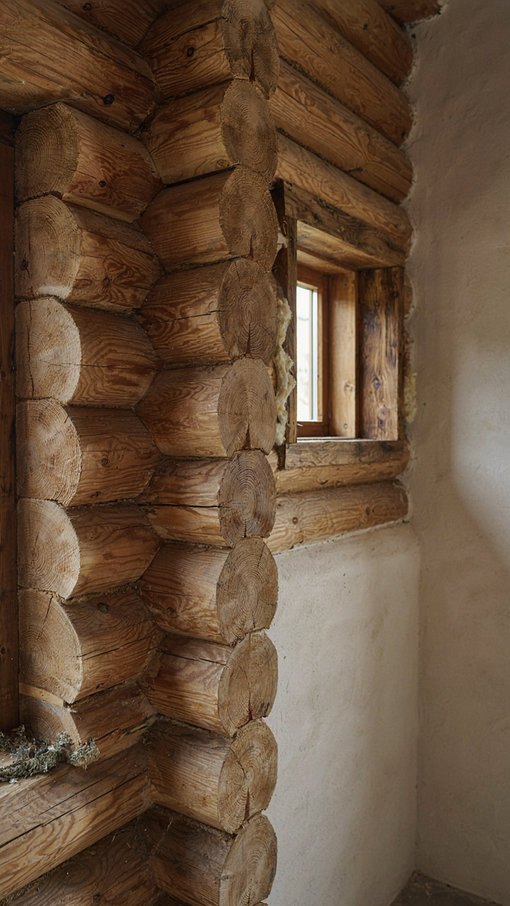 A cross-section view of a thick, interlocked timber wall.