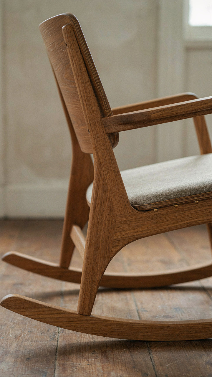 A close-up of a wooden rocking chair shows its ergonomic design.