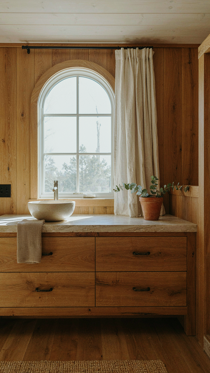 A large wooden vanity and stone counter anchor a light, high-ceiling cabin bathroom.