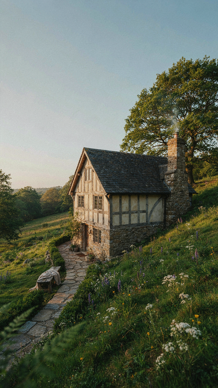 A storybook cottage plan built into a hillside, optimizing for sun exposure.