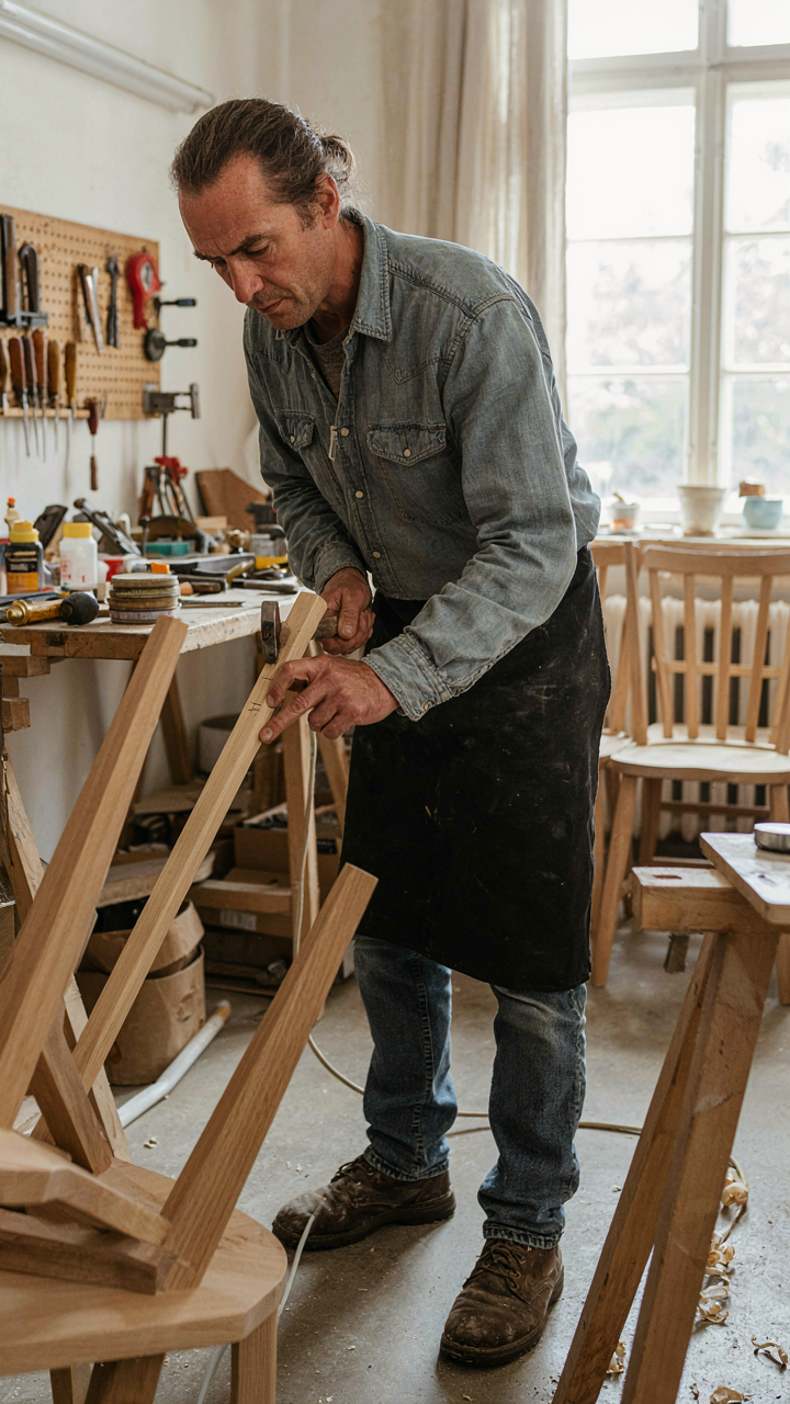 A carpenter repairs a wooden chair, emphasizing durability in farmhouse bedroom ideas.