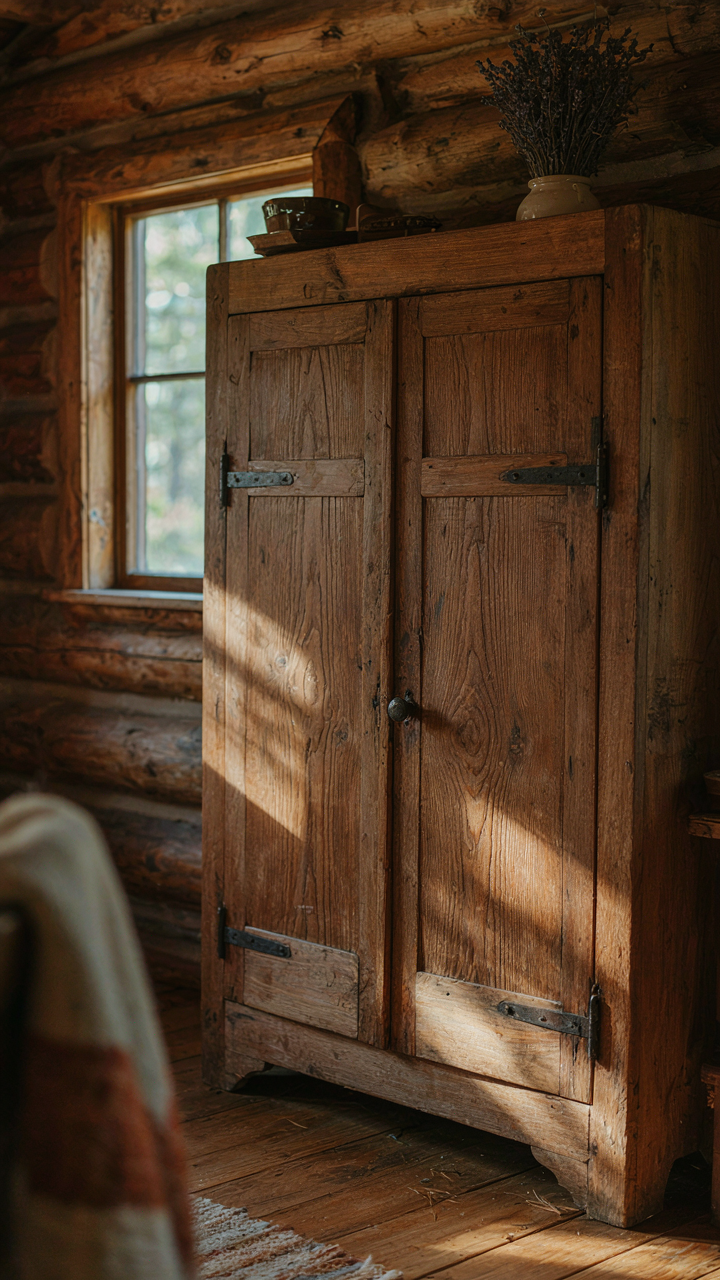 A weathered, hand-hewn wooden hutch with visible wear patterns in a log cabin.