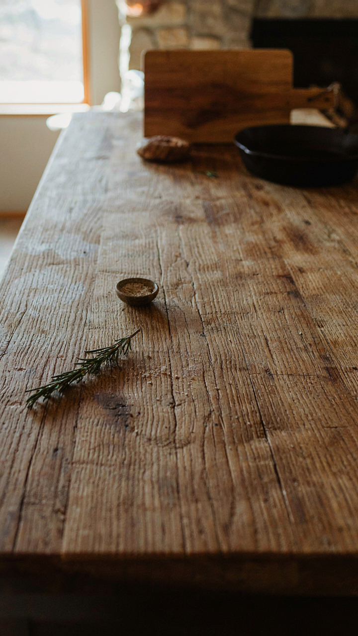 A well-worn wooden countertop in a cabin kitchen shows dark patina from years of use.