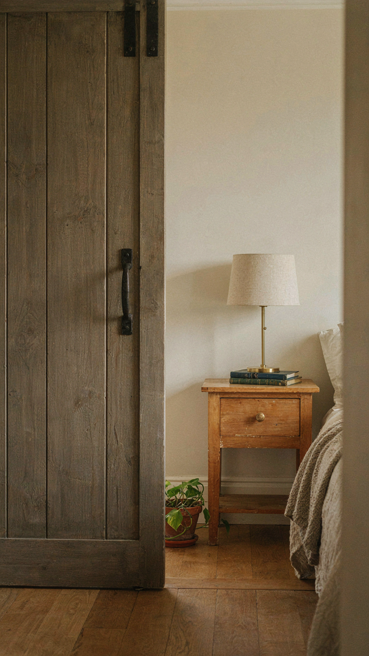 A barn door slides open with clear space to a nightstand in a bedroom.