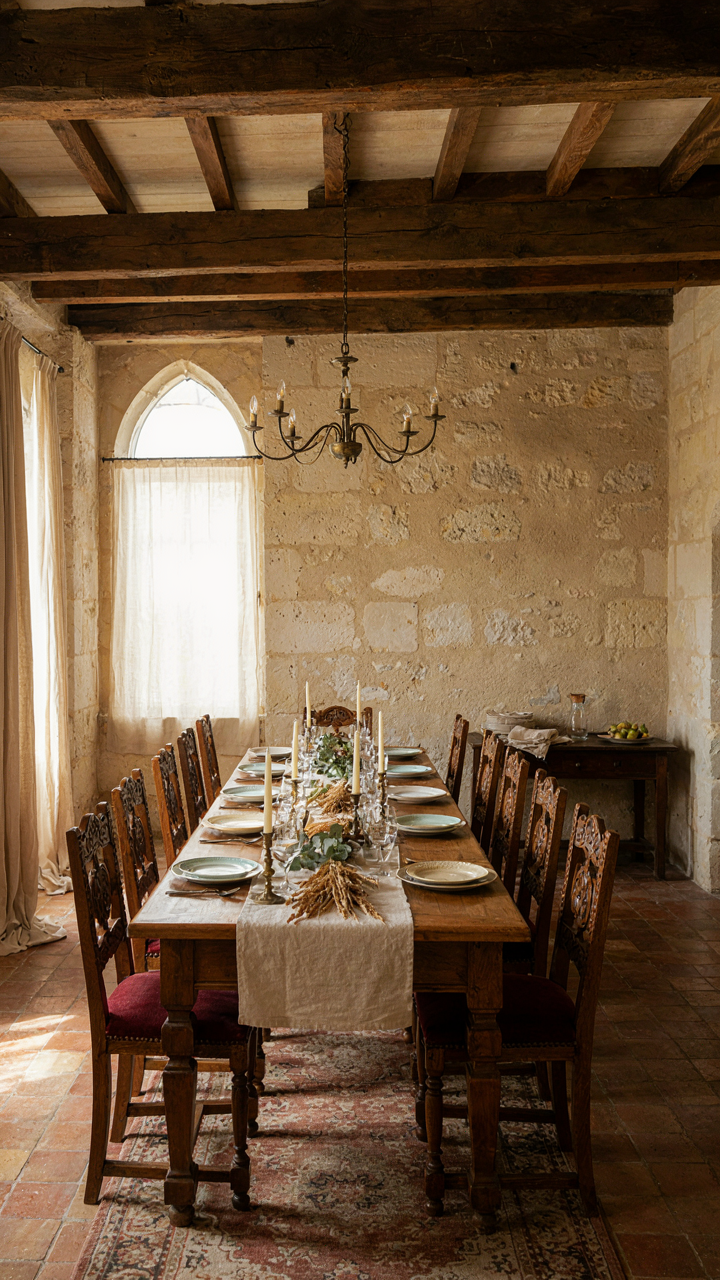 Rustic wooden beams above a polished table in a french country dining room.