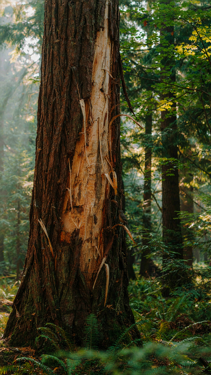 A tree trunk with peeling bark, illustrating a natural shedding process.